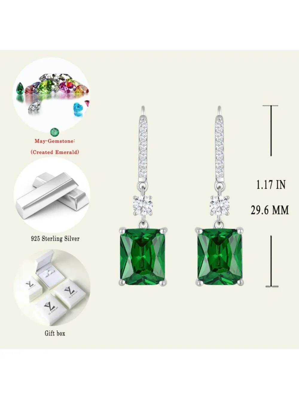 Emerald Cut Dangle Earrings for Women, 925 Sterling Silver, Birthstone Halo